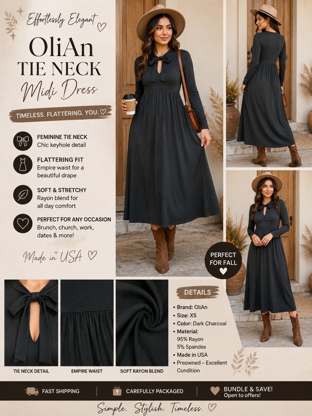 OliAn Tie-Neck Midi Dress in Dark Charcoal